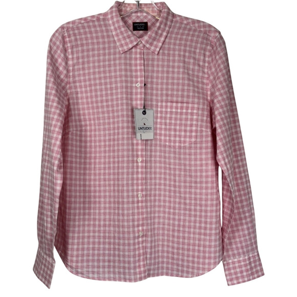 UNTUCKIT Calina Gingham Button Up Long Sleeve Shirt Cotton Pink White Size 8 - Picture 2 of 9
